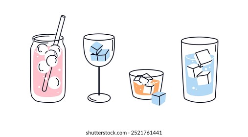 Cold drinks with ice cubes. Refreshing cool chilled beverages set. Soda, lemonade, alcohol, water refreshments with icecubes in glass, wineglass. Flat vector illustration isolated on white background