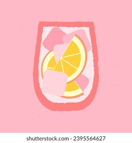 Cold drinks with lemon and ice cubes. Tumbler glass for a drink in bar. Pink refreshing cocktail with citrus fruits. Alcohol beverage design. Vector flat illustration with texture