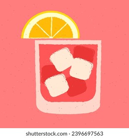 Cold drinks with lemon and ice cubes. Tumbler glass for bar. Bright refreshing cocktail with tonic. Alcohol beverage design. Vector flat illustration with texture. Non-alcoholic cocktail