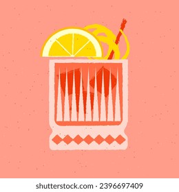 Cold drinks with lemon, zest and ice cubes. Tumbler glass for bar. Bright refreshing cocktail with tonic. Alcohol beverage design. Vector flat illustration with texture. Non-alcoholic cocktail