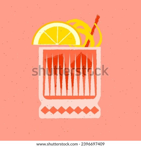 Cold drinks with lemon, zest and ice cubes. Tumbler glass for bar. Bright refreshing cocktail with tonic. Alcohol beverage design. Vector flat illustration with texture. Non-alcoholic cocktail