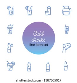 Cold drinks line icon set. Lemonade, cocktail, bottle, straw. Drink concept. Can be used for topics like summer, bar menu, cafe