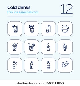 Cold drinks line icon set. Lemonade, cocktail, bottle, straw. Drink concept. Can be used for topics like summer, bar menu, cafe