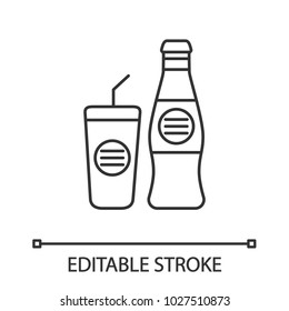 Cold drinks linear icon. Thin line illustration. Bottle and plastic glass with beverage. Contour symbol. Vector isolated drawing. Editable stroke