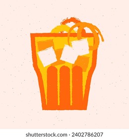 Cold drinks with orange, citrus zest and ice cubes. Tumbler glass for bar. Bright refreshing cocktail with tonic. Alcohol beverage design. Vector flat