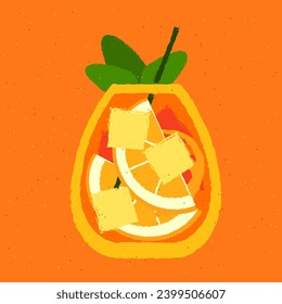 Cold drinks with orange, mint and ice cubes. Tumbler glass for bar. Orange refreshing cocktail with tonic. Alcohol beverage design. Vector flat illustration with texture