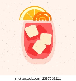 Cold drinks with orange, zest and ice cubes. Tumbler glass for bar. Bright refreshing cocktail with tonic. Alcohol beverage design. Vector flat illustration with texture. Non-alcoholic cocktail