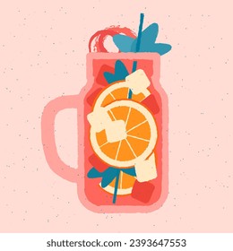 Cold drinks with orange and zest. Jar glass with handle. Orange refreshing cocktail with mint and ice cubes. Alcohol drink with citrus. Vector flat illustration with texture