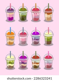 Cold drinks, pearl tea, various flavors, a set of 12 pictures, graphic drawings Lovely bright colors