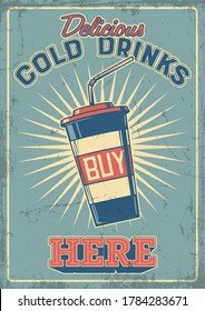 Cold Drinks Retro Style Fast Food Restaurant Menu Poster, Beverage Cup 