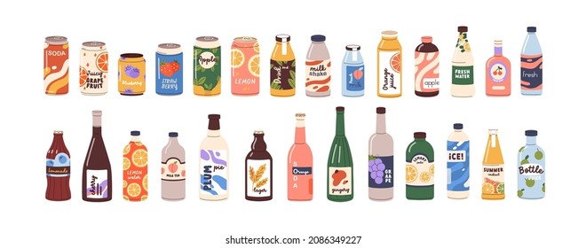 Cold drinks set. Soda water, sweet fizzy beverages, fruit cocktails, juices, lemonades in glass and plastic bottles, aluminum cans and tins. Flat vector illustrations isolated on white background