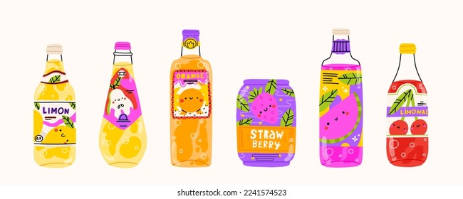 Cold drinks set. Soda water, lemonades in glass and plastic bottles. Flat vector illustrations isolated on white background.  Alcoholic fruit beach beverages, neoteric vector cartoon signs. 
