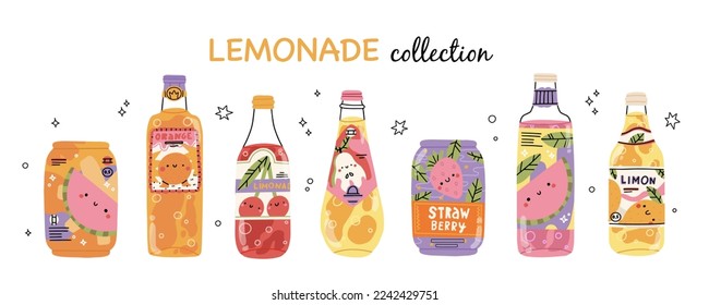 Cold drinks set. Soda water, lemonades in glass and plastic bottles. Flat vector illustrations isolated on white background.  Alcoholic fruit beach beverages, neoteric vector cartoon signs. 

