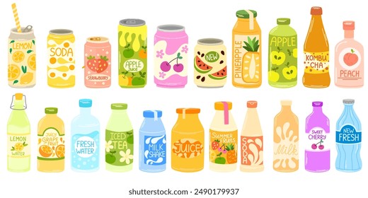 Cold drinks set. Soda water, sweet fizzy beverages, fruit cocktails, juices, lemonades in glass and plastic bottles, aluminum cans and tins. Flat vector illustrations isolated on white background