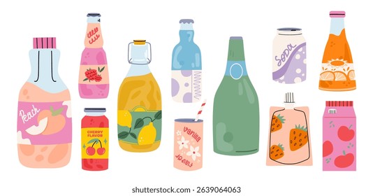 Cold drinks set. Soda water, sweet fizzy beverages, fruit cocktails, juices, lemonades in glass and plastic bottles, aluminum cans and tins. 