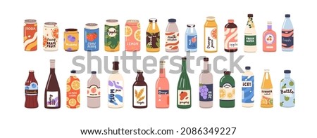 Cold drinks set. Soda water, sweet fizzy beverages, fruit cocktails, juices, lemonades in glass and plastic bottles, aluminum cans and tins. Flat vector illustrations isolated on white background