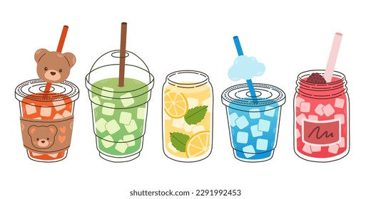 Kaltes Getränk-Set. Yummy Beversionen aus Glas oder Kunststoff mit Stroh, Grafikdesign-Kollektion, Cartoon-Vektorgrafik