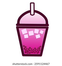 Cold drinks vector design with pink gradient liquid, white ice cubes, and dark boba pearls. Drink vector design. Juice vector design with isolated background