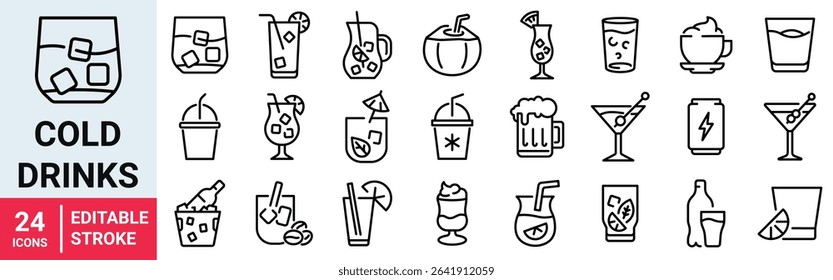 Cold drinks web line icons. Sparkling water, iced coffee. Vector illustration. editable stroke
