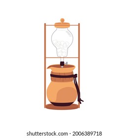 Cold drip coffee maker device, flat vector illustration isolated on white background. Cold drip method of coffee brewing with glass container for ice and dripping option.