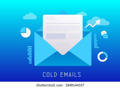 Cold Emails Flat Vector Illustration. Unsolicited Unwanted E-mail That Is Sent To A Receiver Without Prior Contact. Cold Emailing Is A Subset Of Outbound Digital Email Marketing. 