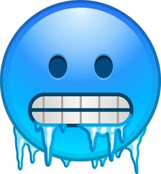 Cold Emoji. Freezing Emoticon, Icy Blue Face With Gritted Teeth, Icicles And Snow Cap