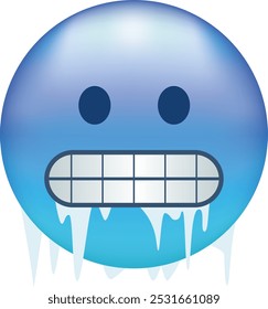 Emoji frío. Emoticono congelante, cara azul helada con dientes apretados, carámbanos y gorro de nieve