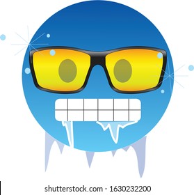 Cold Emoticon Wearing Yellow Sunglasses. Frozen Face Emoji Wearing Yellow Sunglasses, Having Gritted Teeth And Icicles Dripping From Its Mouth And Lips. Sign Of Extreme Cold Weather And Winter.