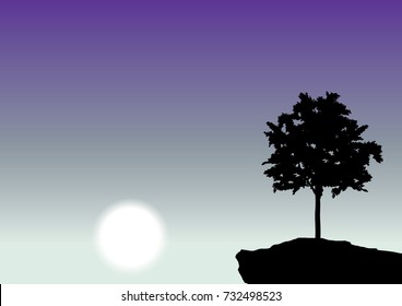 cold evening sky, full moon and single oak tree silhouette
vector nature illustration
