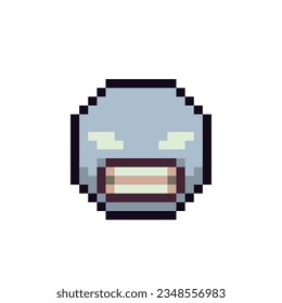 Cold evil whitened face emoticon pixel art icon cartoon character insanity emotion. Flat style. 8-bit style. Isolated abstract vector illustration.