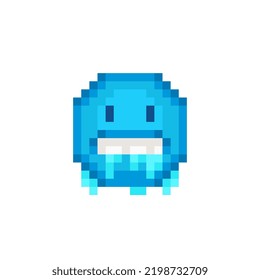 Cold Face. Icy Blue Face With Gritted Teeth. Cartoon Character. Pixel Art Style. Freezing Emoji. 8-bit Style Icon. Chat Elements. Isolated On White Background Abstract Vector Illustration. 