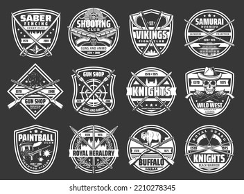 Cold And Firearm Weapons Retro Icons. Gun And Ammunition Shop, Fighting, Paintball And Shooting Club, Saber Fencing, Hunting Sport Emblem. Swords, Spear And Axe, Rifle, Revolver And Crossbow Vector