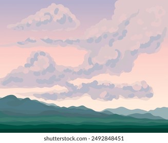 Paisaje de niebla de la fría llanura en el fondo del cielo rosa. Brillante color oscuro dibujado a mano vendaval rocoso montaje pintura bosquejo en el arte de dibujos animados estilo gráfico. Vista panorámica ventosa con copyspace para texto