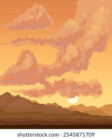 Cold flatland fog scenery on pink heaven backdrop. Bright gloomy color hand drawn gale rocky mount painting sketch picture in art cartoon graphic style. Panoramic windy view with copyspace for text