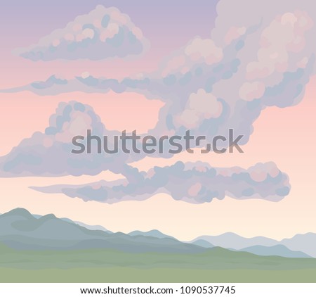 Cold flatland fog scenery on pink heaven backdrop. Bright gloomy color hand drawn gale rocky mount painting sketch picture in art cartoon graphic style. Panoramic windy view with copyspace for text
