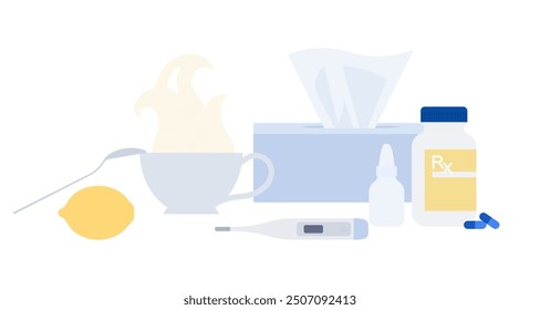 Cold and flu concept. Still life - hot tea, thermometer, pills, drops. Medicine, health care, treatment, drugstore, prescription, drugs. Simplicity flat vector illustration, isolated