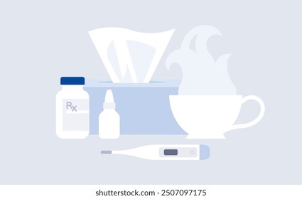 Cold and flu concept. Still life - hot tea, thermometer, pills, drops, tissue box. Medicine, health care, treatment, drugstore, prescription, drugs. Simplicity flat vector illustration, isolated