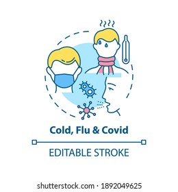 Cold, Flu And Covid Concept Icon. Contagious Respiratory Illness Idea Thin Line Illustration. Fever, Chills, Body Aches And Cough. Vector Isolated Outline RGB Color Drawing. Editable Stroke