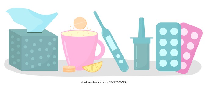 Cold, flu, disease, coronavirus concept. Treatment of colds-pills, tea, lemon. Vector illustration.