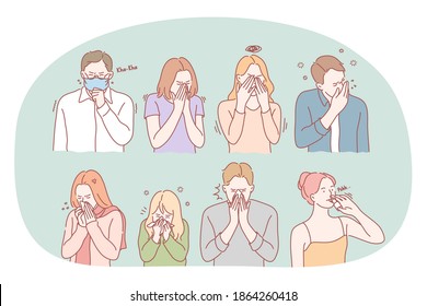 Cold, flu, feeling ill and infection concept. Unhappy sick people cartoon characters coughing and sneezing and feeling bad. Influenza, virus, fever, cough, runny nose illustration