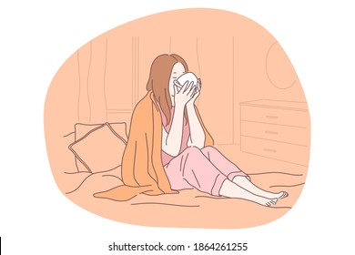 Cold, flu, feeling ill and infection concept. Unhappy young girl cartoon character staying in bed feeling sick, drinking hot tea or medicine at home. Influenza, runny nose, virus fever illustration