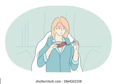Cold, flu, feeling ill and infection concept. Unhappy young girl cartoon character pouring drug into spoon, feeling sick and fever under blanket at home. Influenza, virus, fever illustration