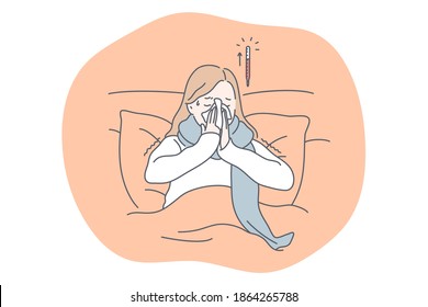 Cold, flu, feeling ill and infection concept. Unhappy young girl staying in bed feeling sick, blowing out nose and having high body temperature at home. Influenza, runny nose, virus fever illustration