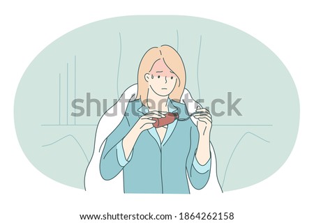 Cold, flu, feeling ill and infection concept. Unhappy young girl cartoon character pouring drug into spoon, feeling sick and fever under blanket at home. Influenza, virus, fever illustration