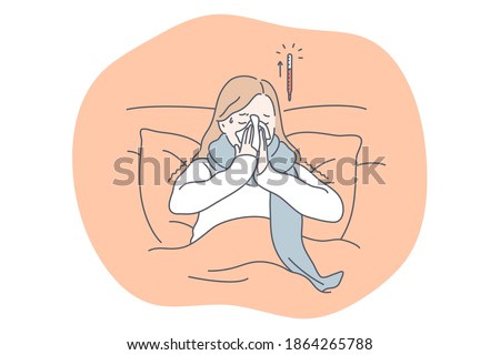 Cold, flu, feeling ill and infection concept. Unhappy young girl staying in bed feeling sick, blowing out nose and having high body temperature at home. Influenza, runny nose, virus fever illustration