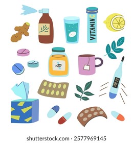 Cold and flu home remedy treatment elements. Set of vector hand-drawn colorful illustrations.