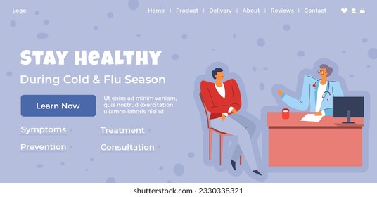 Cold and flu season, stay healthy during sickness period. Learn symptoms and prevention, treatment and consultation of doctor. Website landing page template, internet site. Vector in flat style