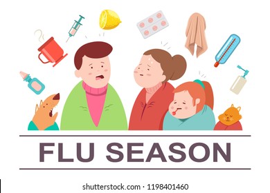 Cold And Flu Season Vector Cartoon Illustration. Sick Family With Cat, Dog And Medicine Pills And Food. Ill People Character Isolated On Background.