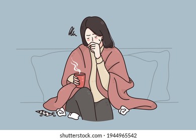 Cold ,flu, Severe Cough concept. Young sick unhappy woman cartoon character sitting on sofa ay home with cup of hot drink coughing and feeling sick vector illustration 