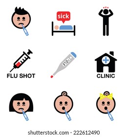 Cold, flu, sick people vector icons set 